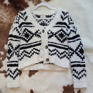Hippie Rose Black & White Patterned Fuzzy Button-Front Cardigan